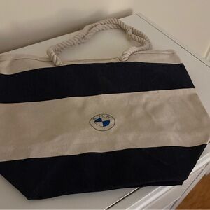 BMW Beige and Blue Canvas Bag with Rope Straps New
